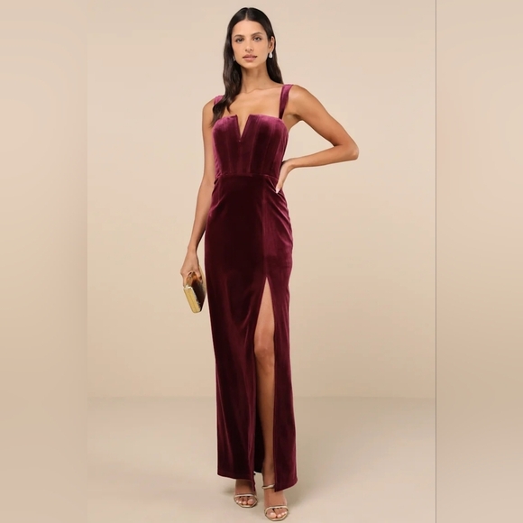 Lulus Pristine Luxury Dark Berry Velvet Bustier Maxi Dress S Wedding Party - Picture 2 of 10